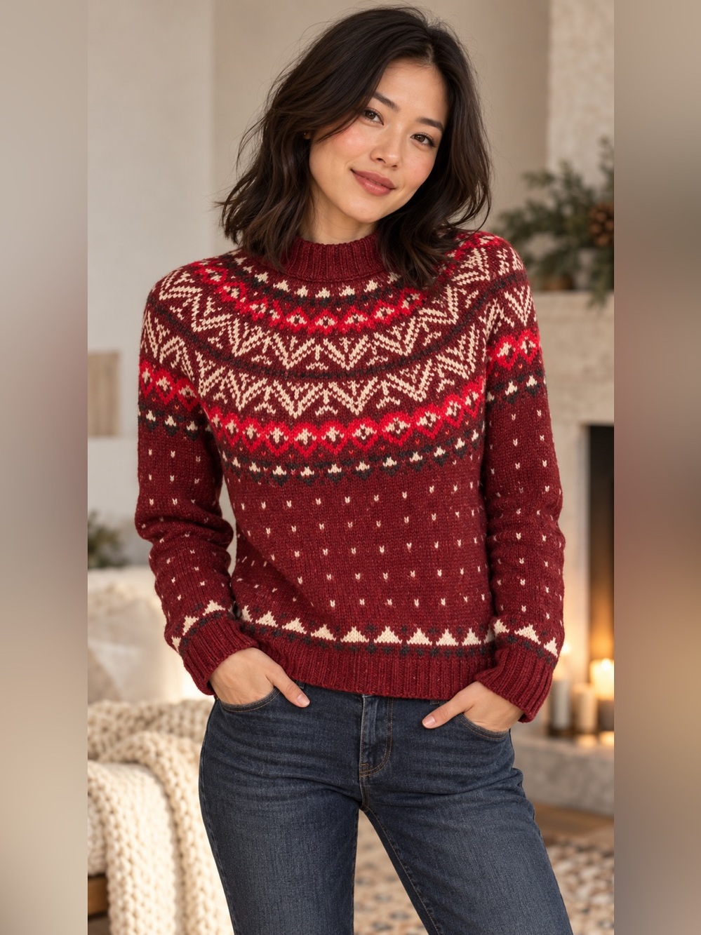 American Eagle XS Burgundy Fair Isle Wool Blend Mock Neck Sweater